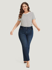 Plain Button Detail High Rise Dark Wash Jeans