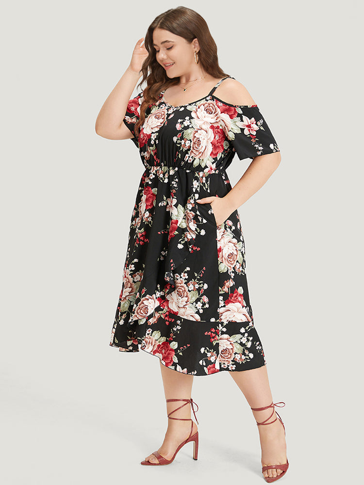 Floral Print Pocket Asymmetrical Hem Cold Shoulder Dress
