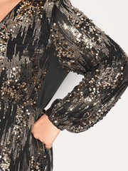 Shimmery Gold Silver Sequin Wrap Party Dress