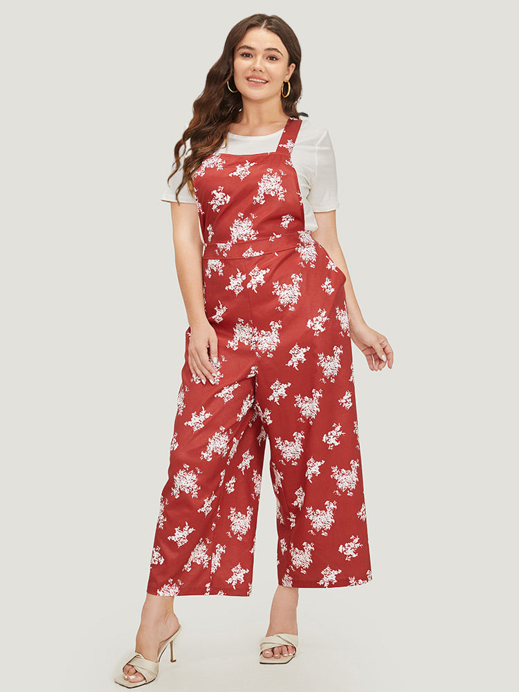 Floral Print Pocket Crossover Back Overall Jumpsuit