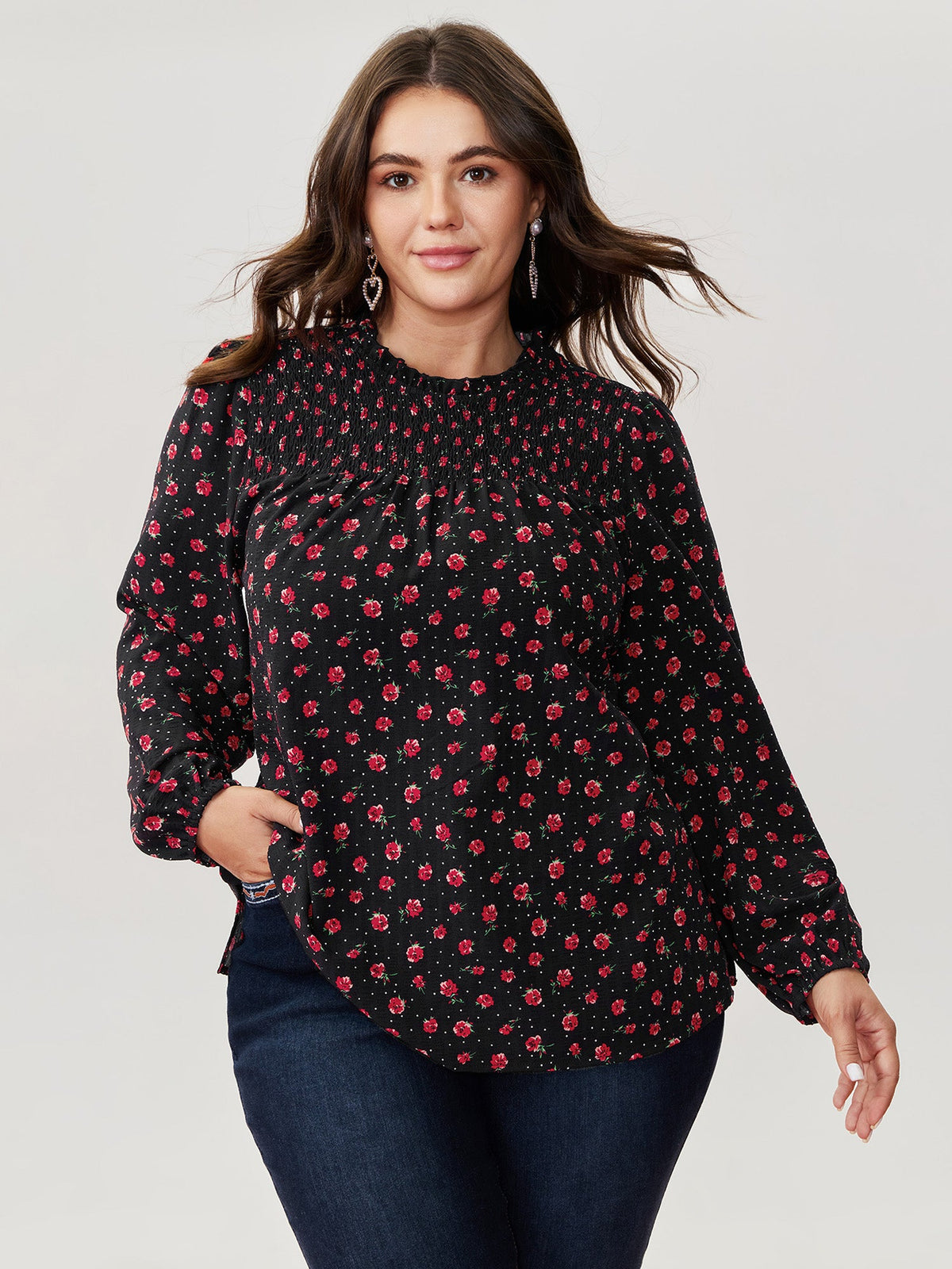 Shirred Ruffled Collar Floral Blouse
