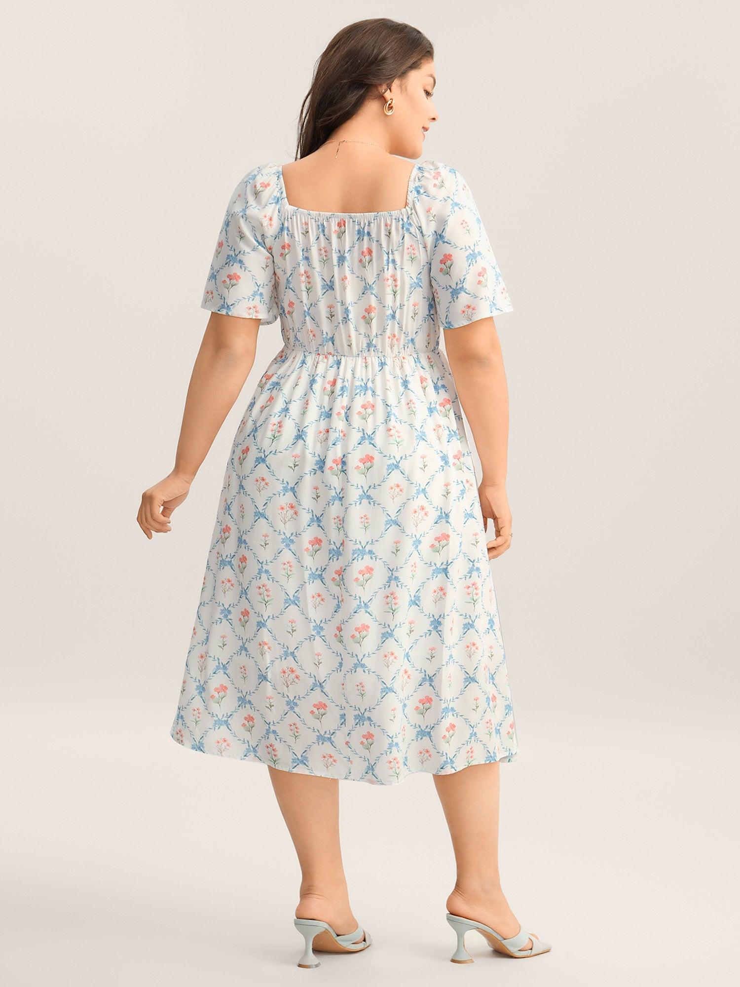 Shirred Floral Print Pockets Midi Dress