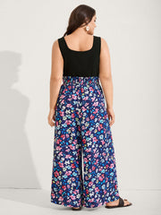 Floral Color Contrast Shirred Jumpsuit