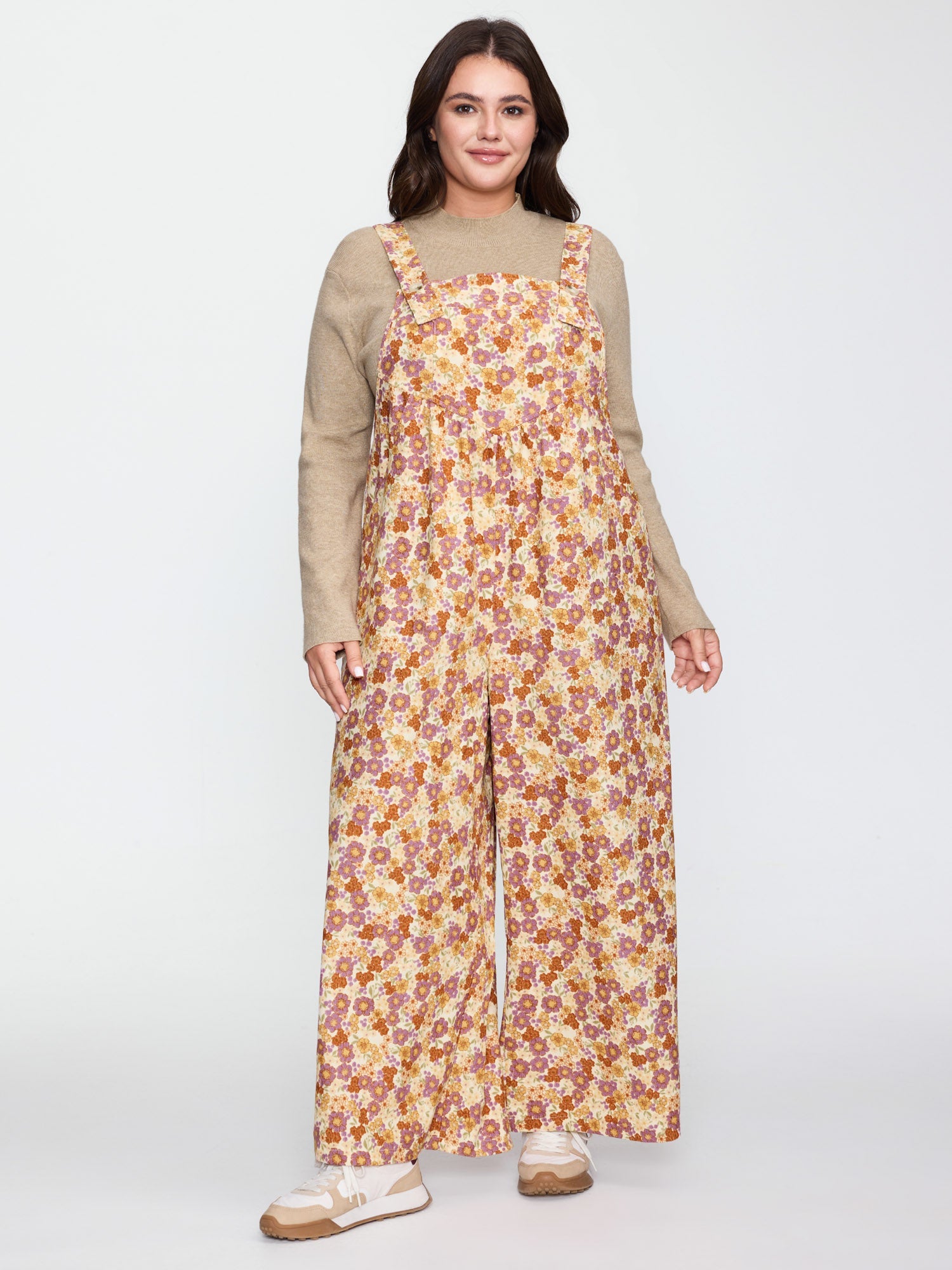Floral Corduroy Adjustable Pockets Overall Jumpsuit