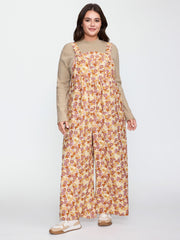 Floral Corduroy Adjustable Pockets Overall Jumpsuit