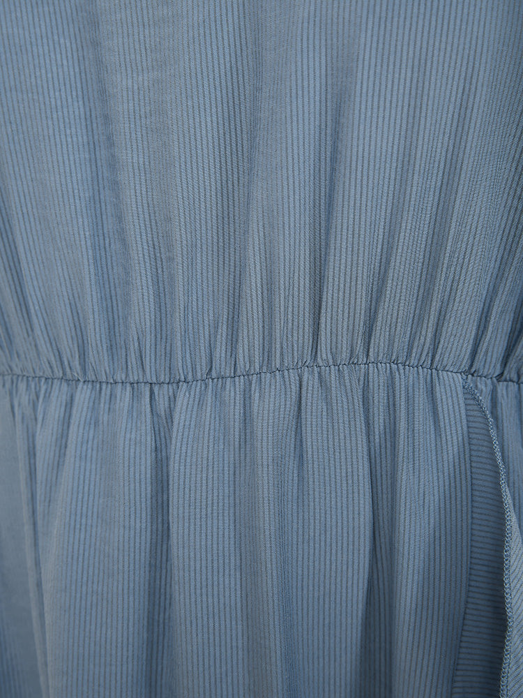 Solid Keyhole Round Neck Pocket Ruffle Trim Rib Knit Dress