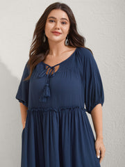 Shirred Neck Tie Tiered Puff Sleeve Dress