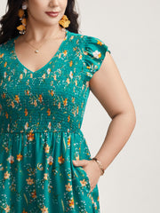 Shirred Printed Flutter Sleeve Pockets Maxi Dress