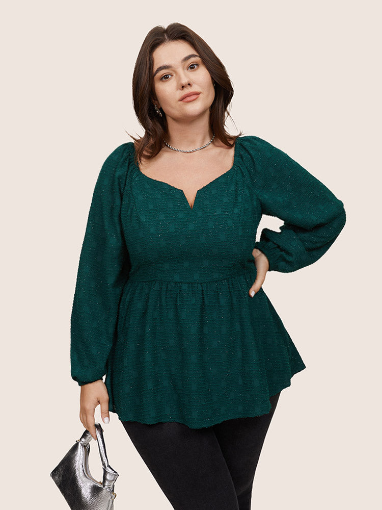 Solid Jacquard Notched Lantern Sleeve Blouse