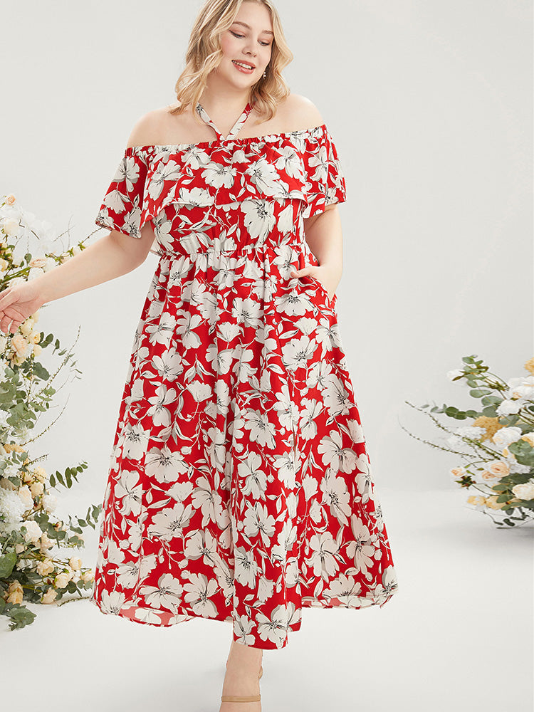 Floral Print Pocket Ruffles Trim Split Halter Maxi Dress