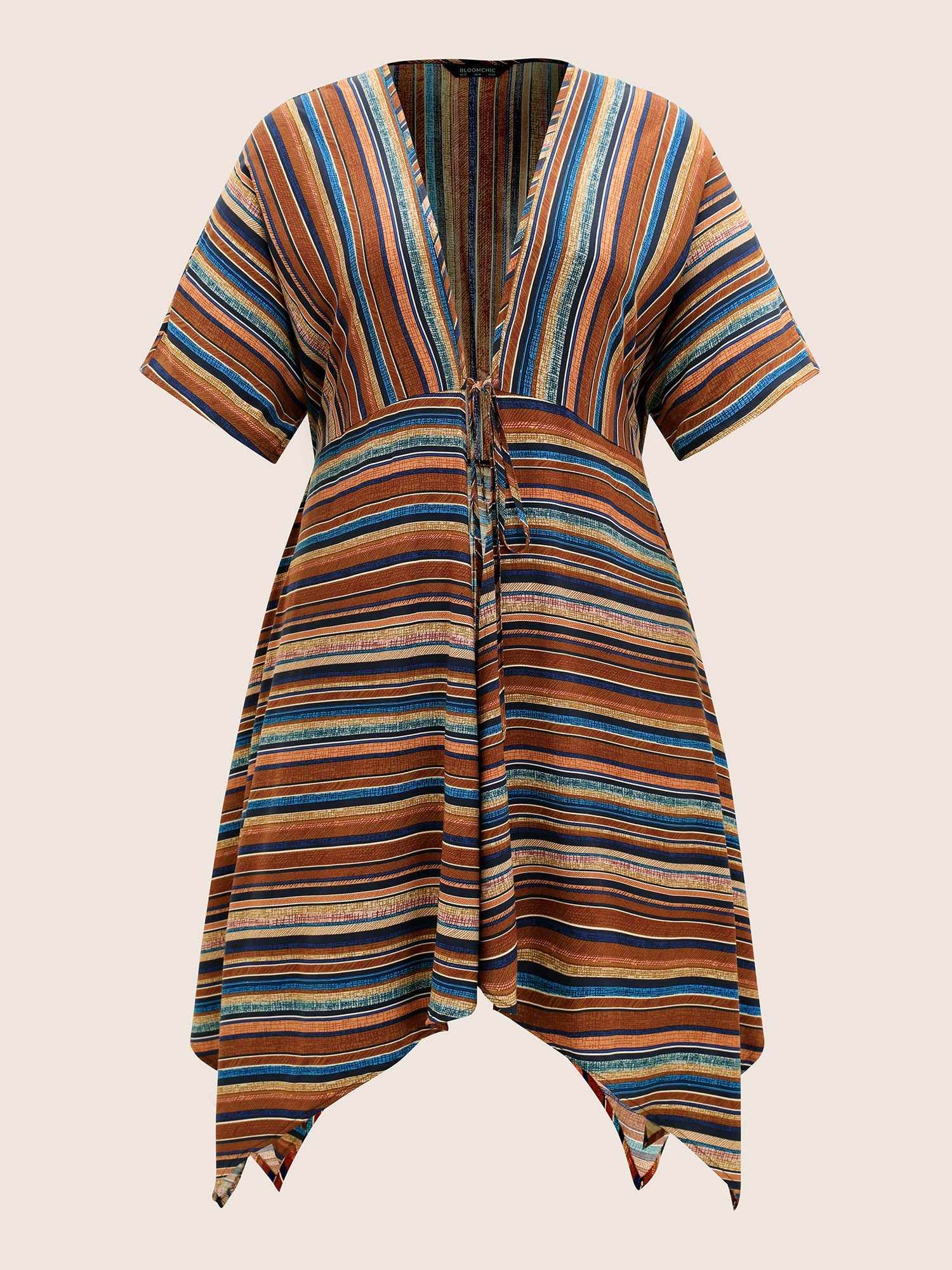 Colored Striped Cross Straps Asymmetrical Hem Kimono