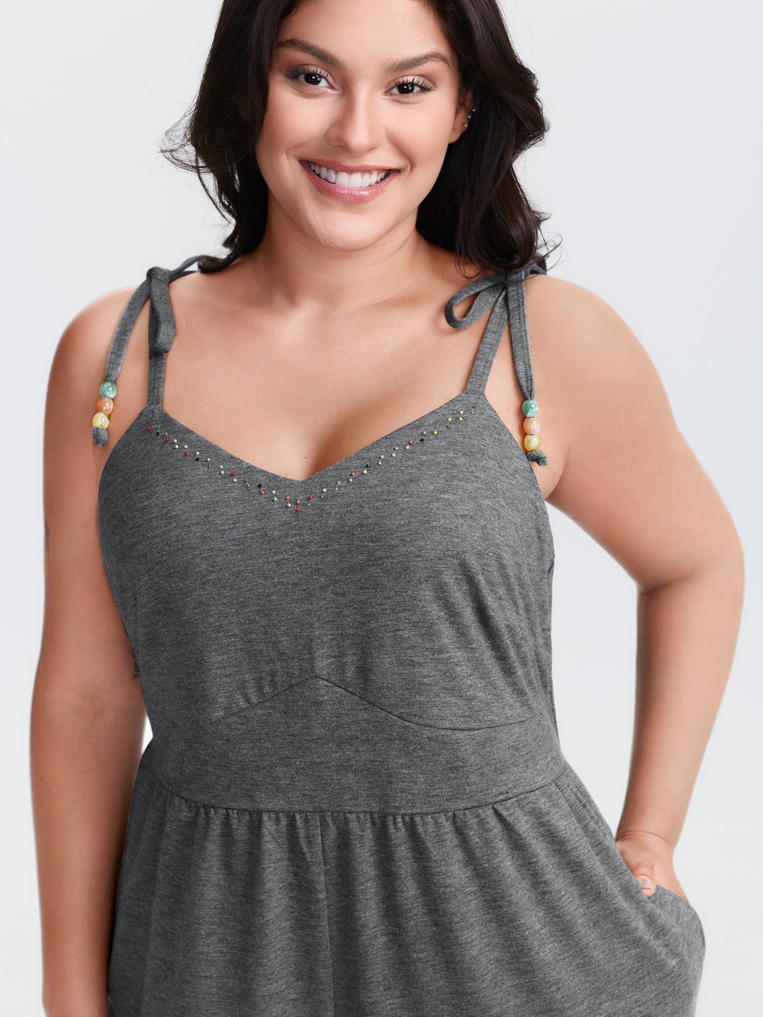 Shoulder-Tie Stretchy Beaded Neckline Jumpsuit