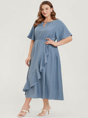 Solid Keyhole Round Neck Pocket Ruffle Trim Rib Knit Dress