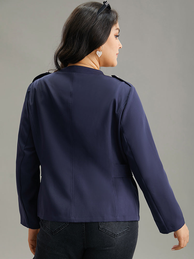 Plain Button Detail Notched Zipper Blazer