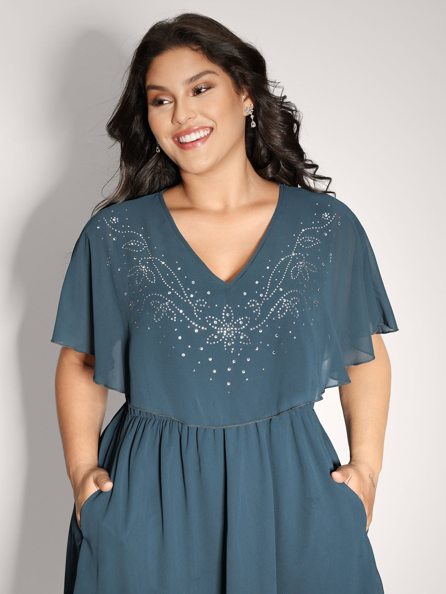 Shimmery Hotfix Rhinestone Layered Midi Dress