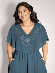 Shimmery Hotfix Rhinestone Layered Midi Dress