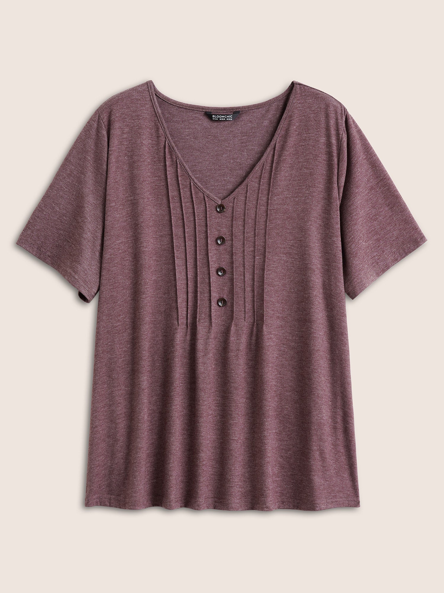Solid Pleated Front Button Detail V Neck T-shirt
