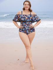 Floral Pompom Trim Cold Shoulder One Piece Swimsuit