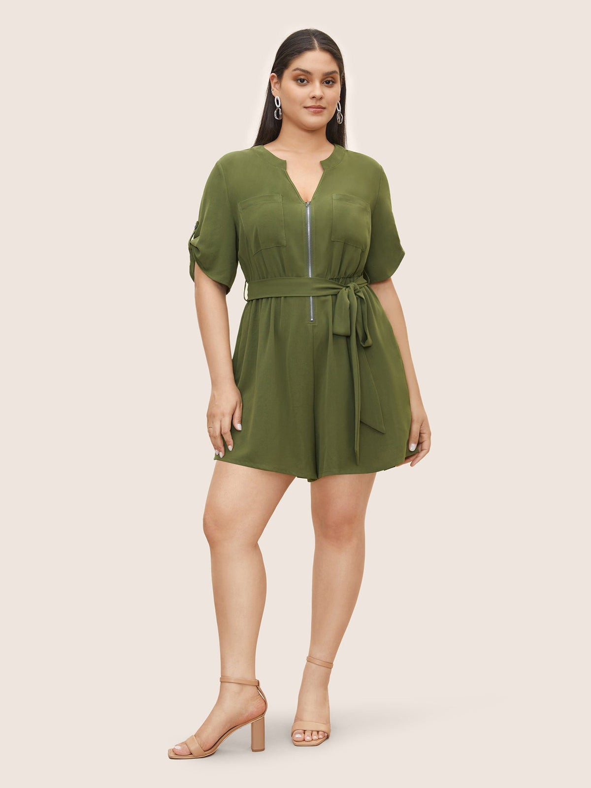 Solid Half Zip Belted Tab Sleeve Jumpsuit