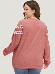 plain Heather Crew Neck Tassel Trim Sweatshirt