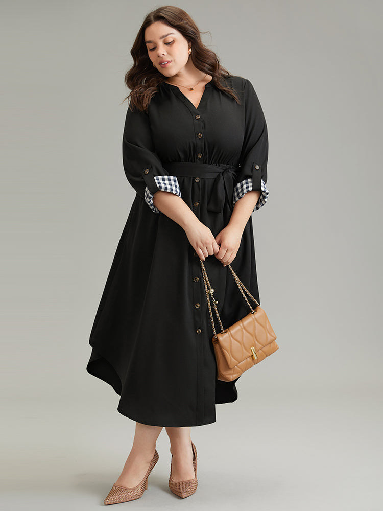 Gingham Notched Belted Curved Hem Tab Sleeve Dress