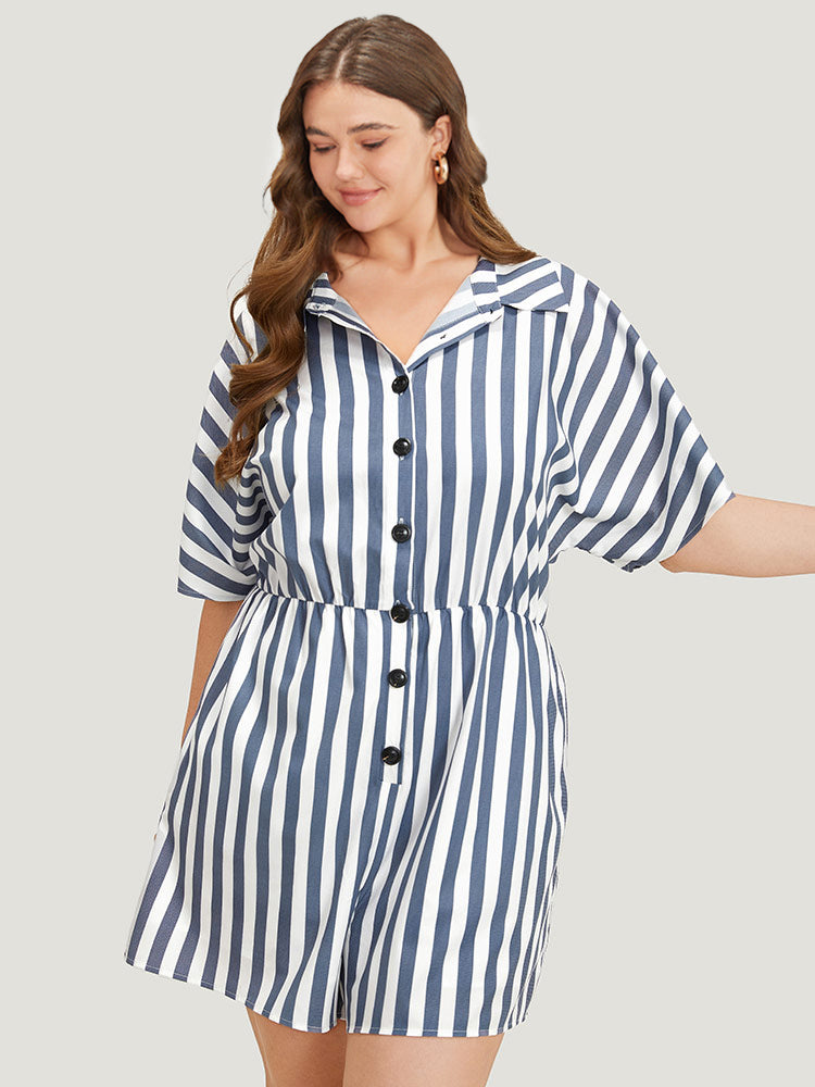 Shirt Collar Button Up Pocket Elastic Waist Romper
