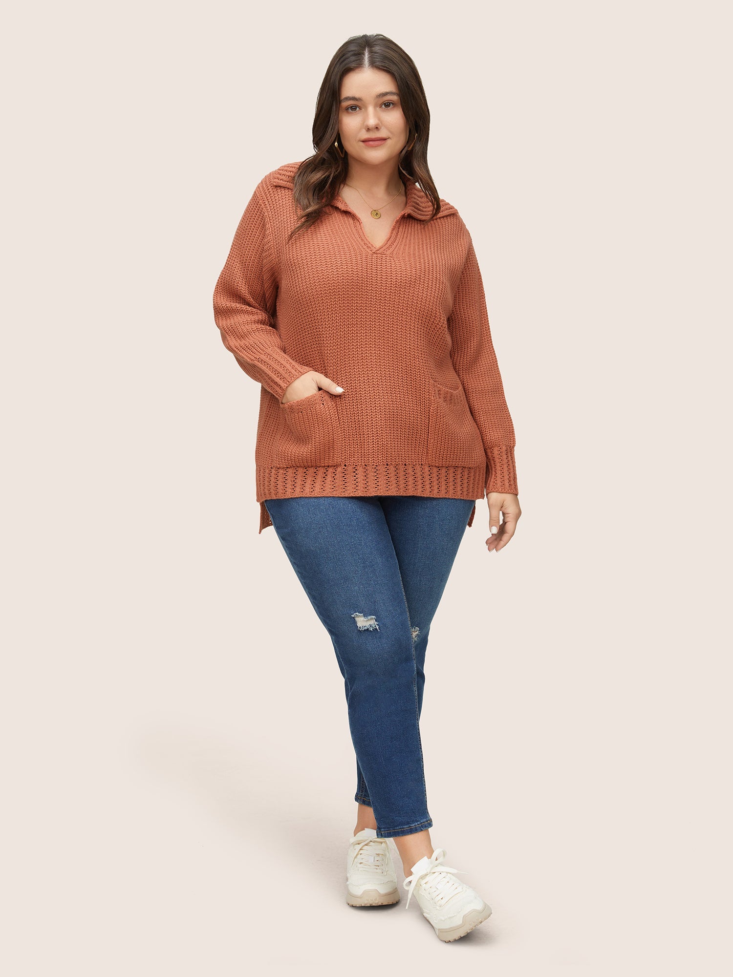Solid Pocket Pointelle Knit Split Hem Pullover