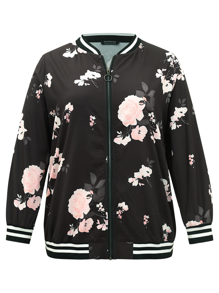 Floral Contrast Trim O Ring Zipper Jacket