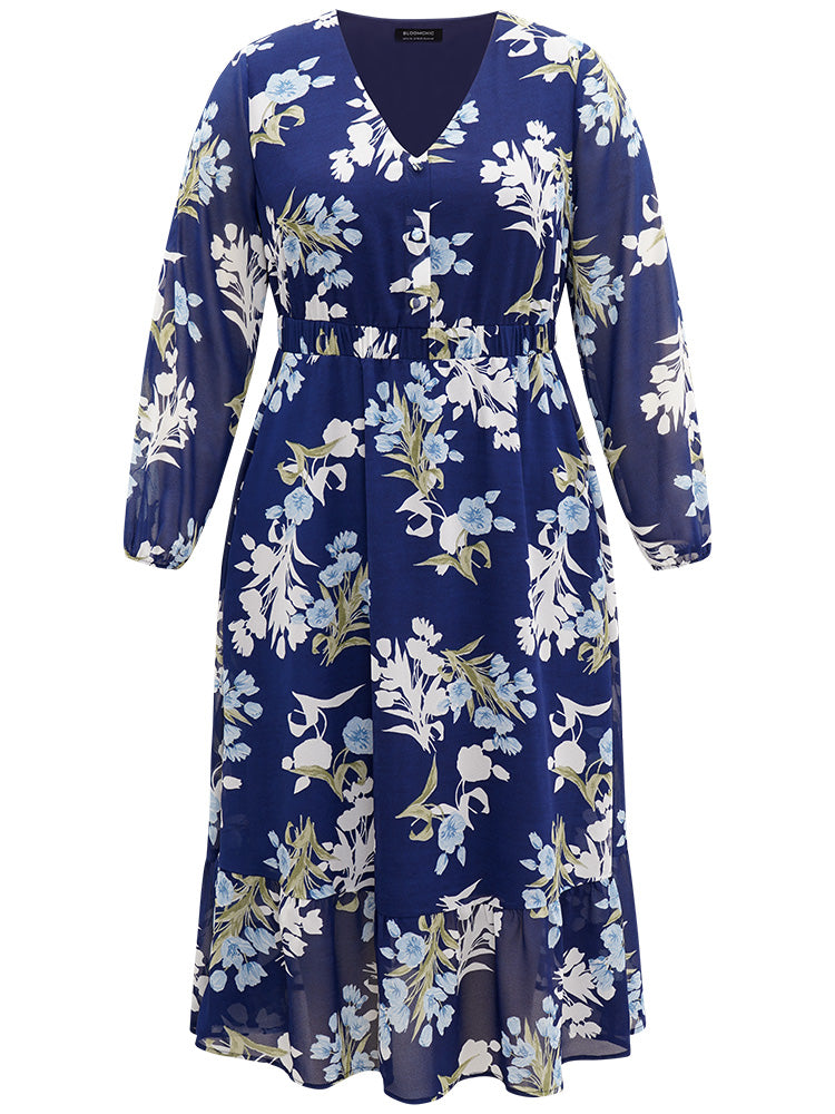 Floral Print Chiffon Pocket Elastic Waist Gathered Dress