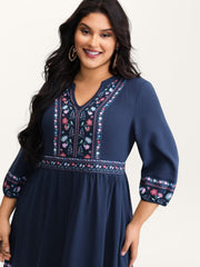 Floral Pattern Stretchy Waist Notched Maxi Dress