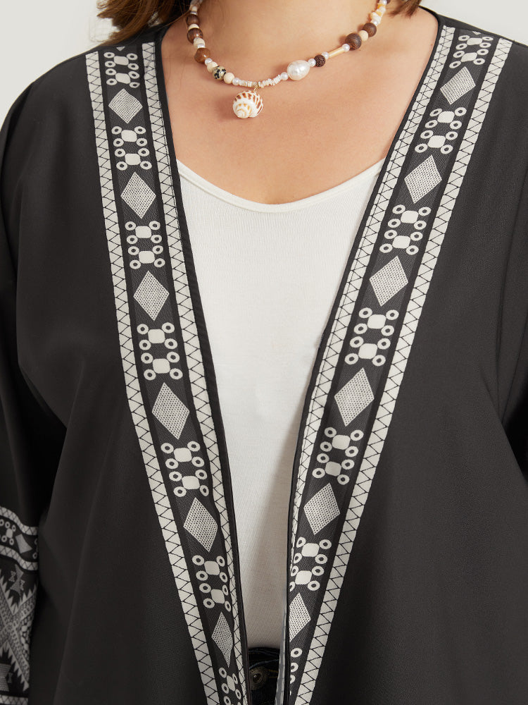 Boho Print Open Front Pocket Split Hem Kimono