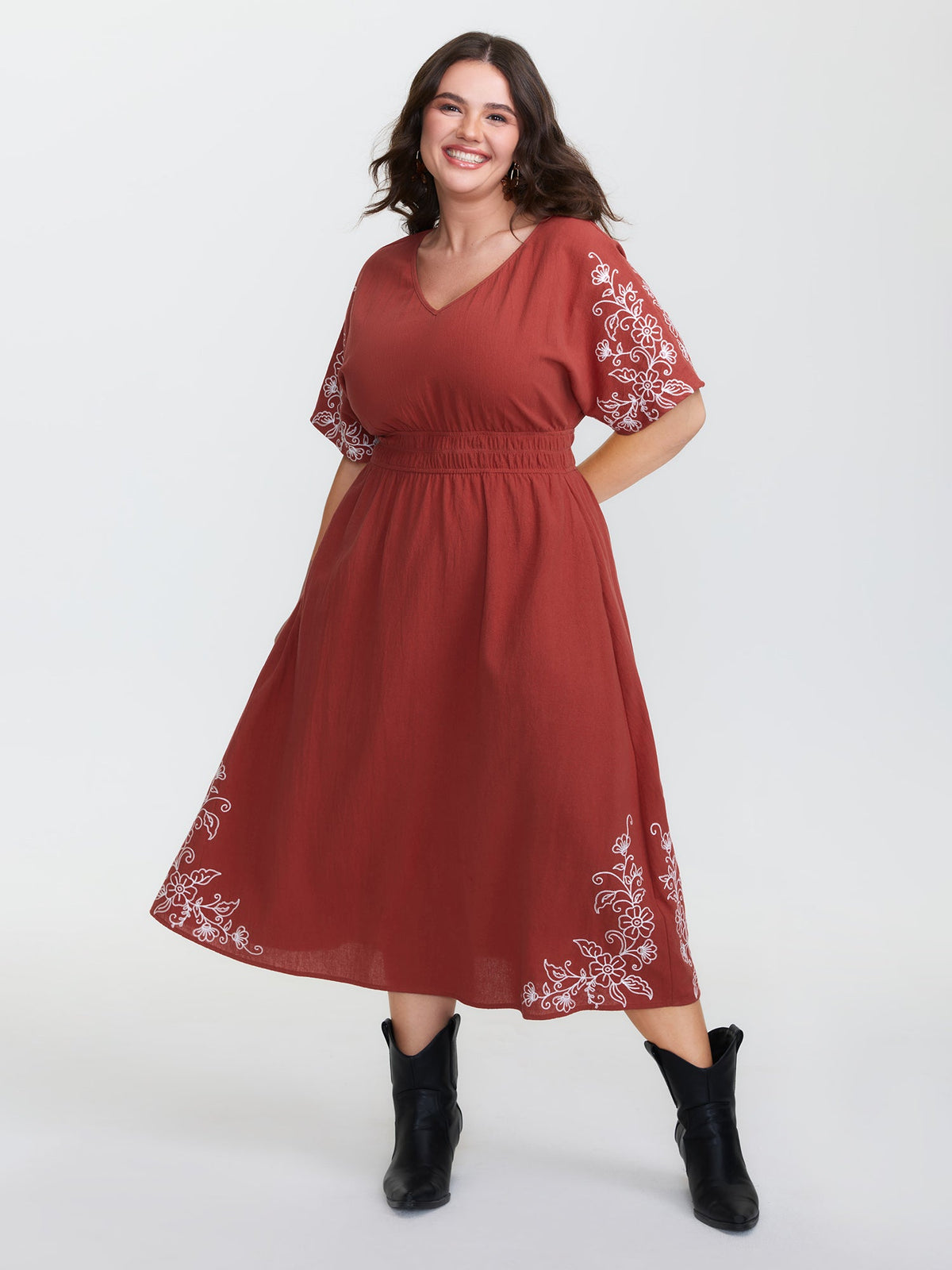 Shirred Waist Embroidered Midi Dress