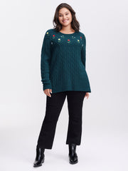 Floral Embroidered Cable Knit Pullover