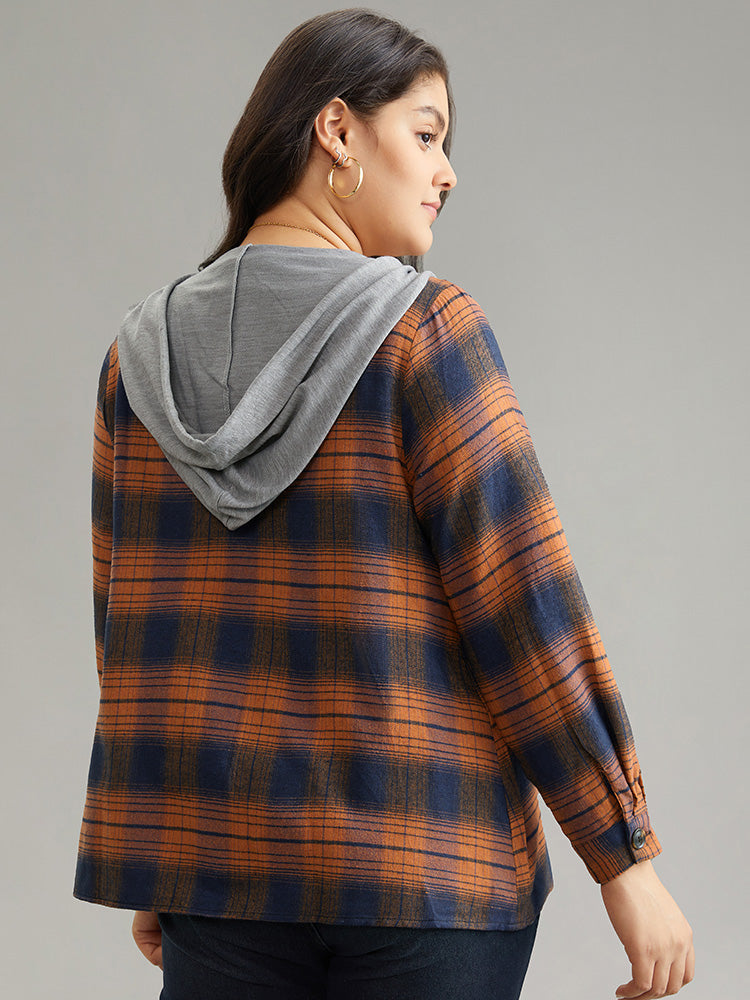 Plaid Patchwork Hooded Drawstring Button Through Jacket