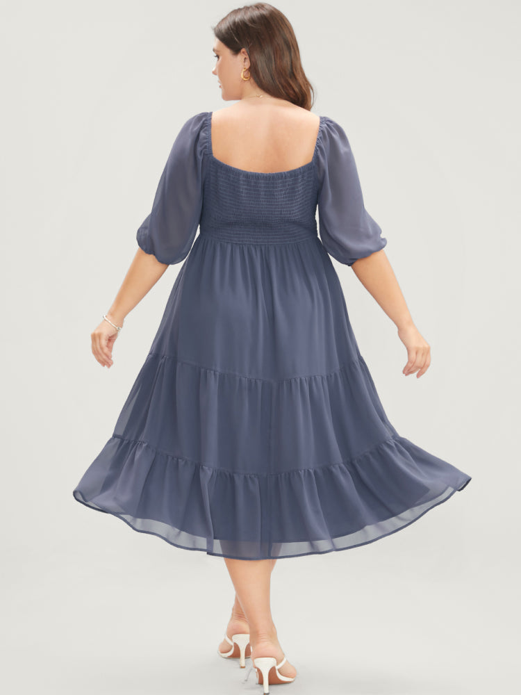 Solid Pocket Mesh Lantern Sleeve Shirred Back Ruffles Tiered Dress