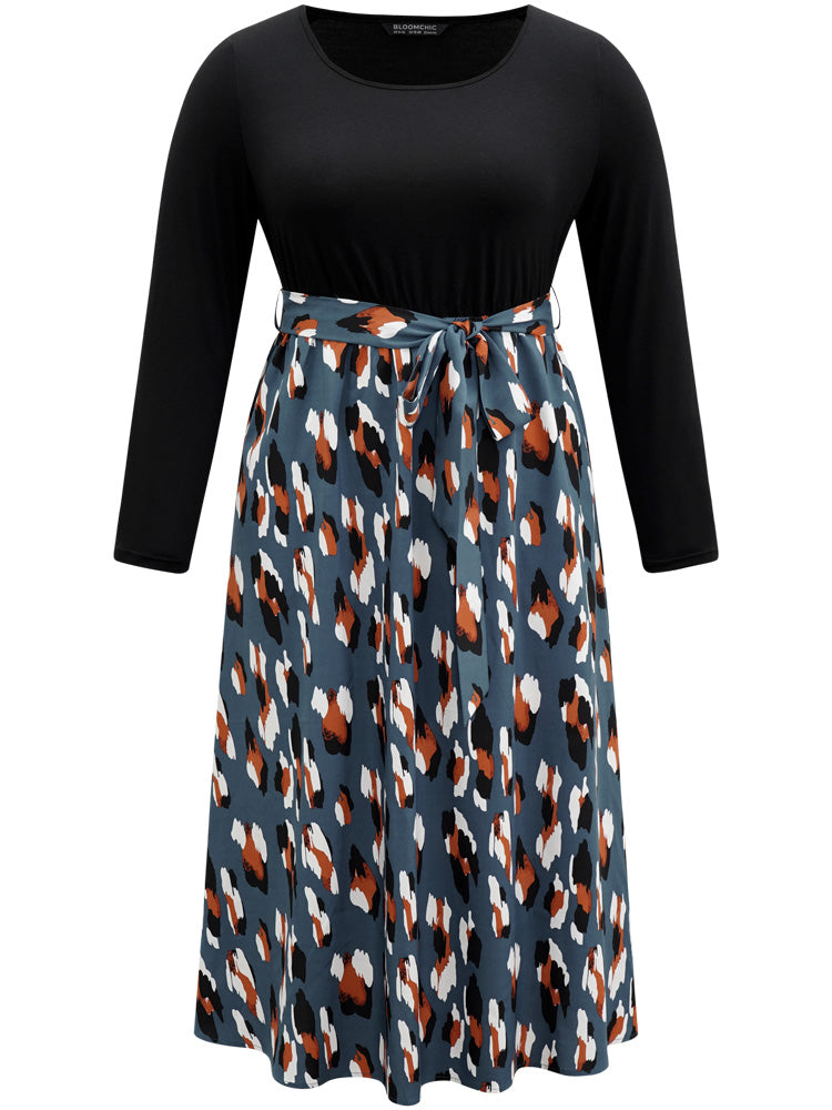 Allover Print Patchwork Belted Pocket Dress