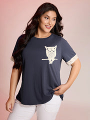Owl Embroidery Round Neck Contrast T-Shirt