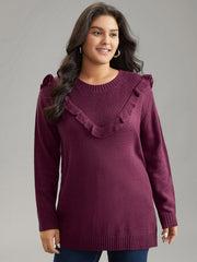 Solid Flutter Trim Plisse Loose Pullover