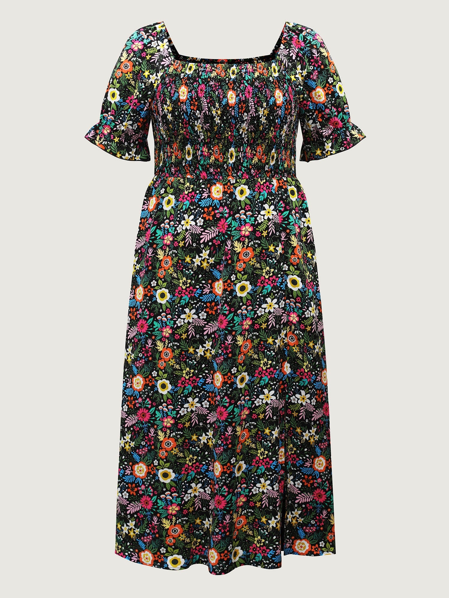 Shirred Stretchy Waist Floral Midi Dress