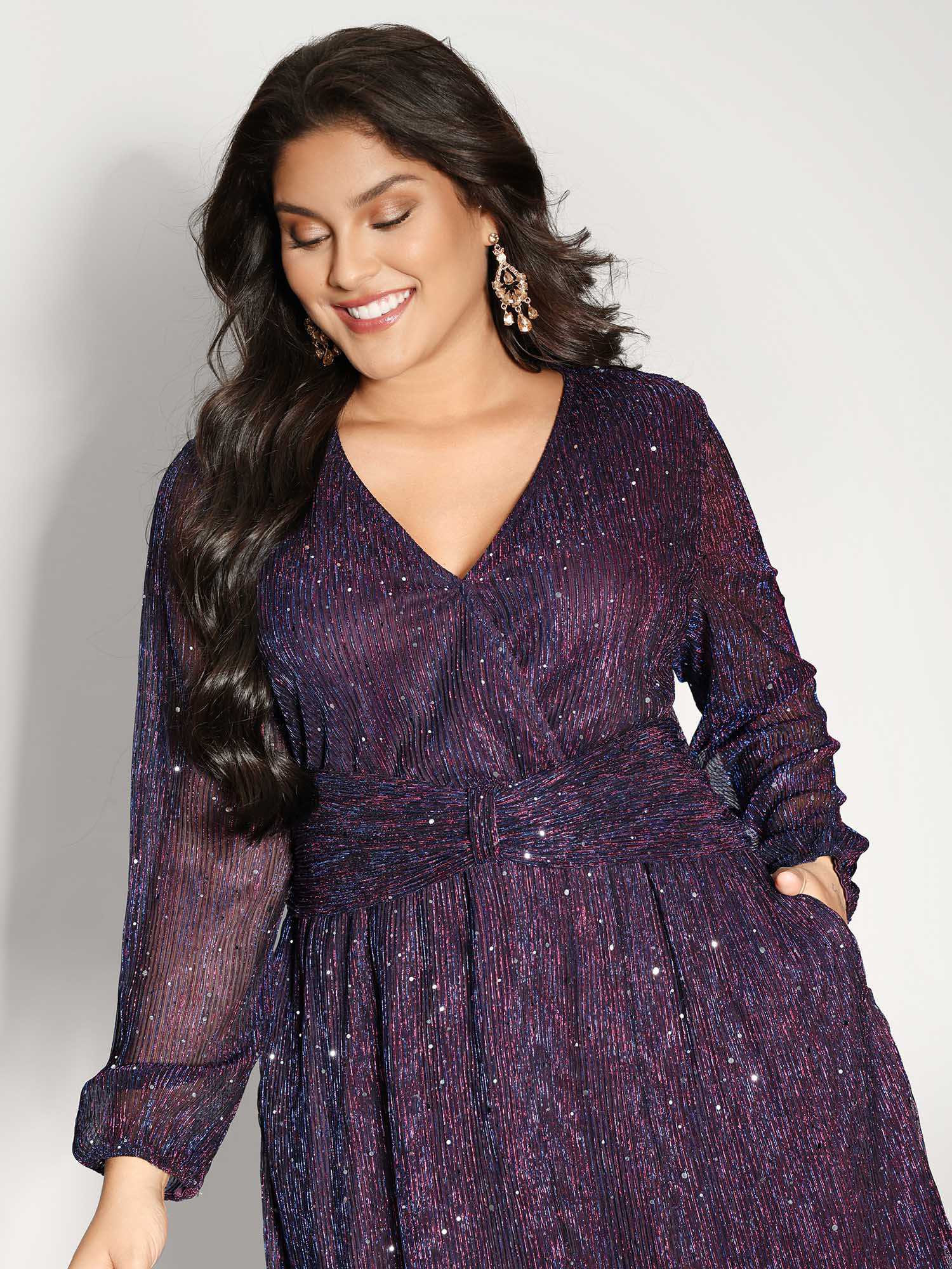 Shimmery Pleated-Waist Pockets Knee-Length Dress