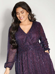 Shimmery Pleated-Waist Pockets Knee-Length Dress