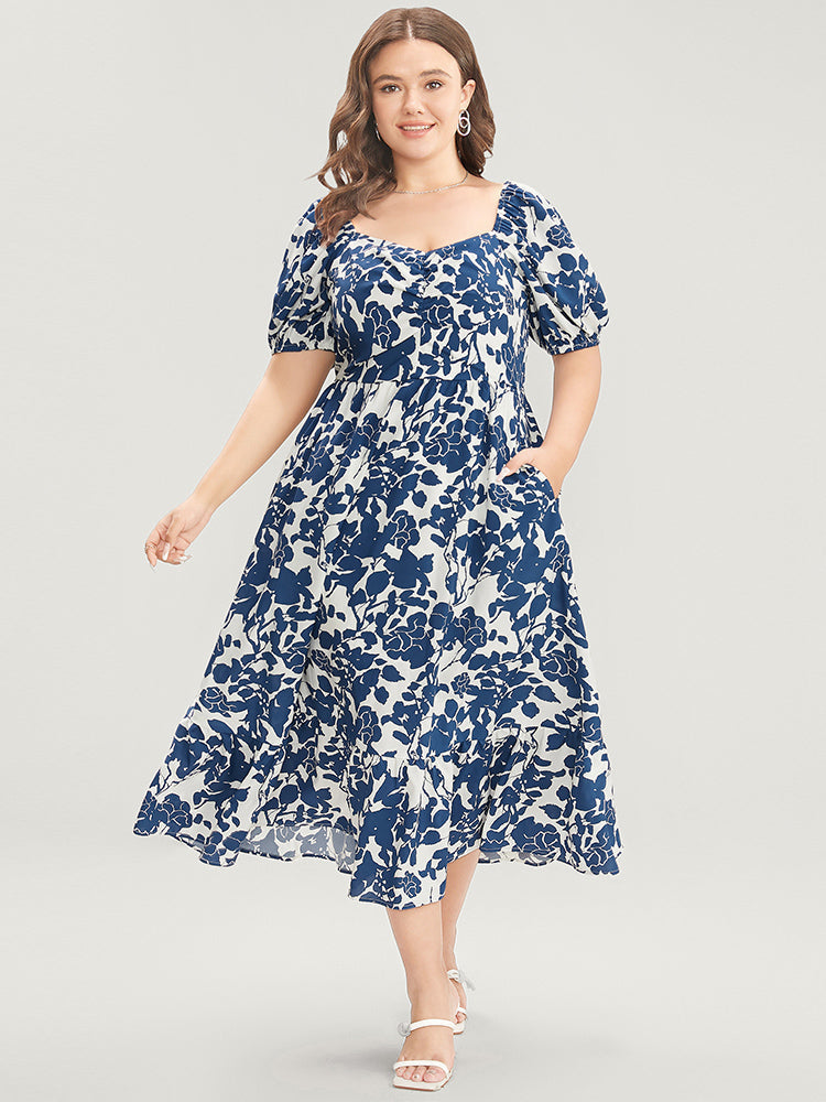 Floral Print Pocket Puff Sleeve Ruched Pocket Ruffle Hem Dress