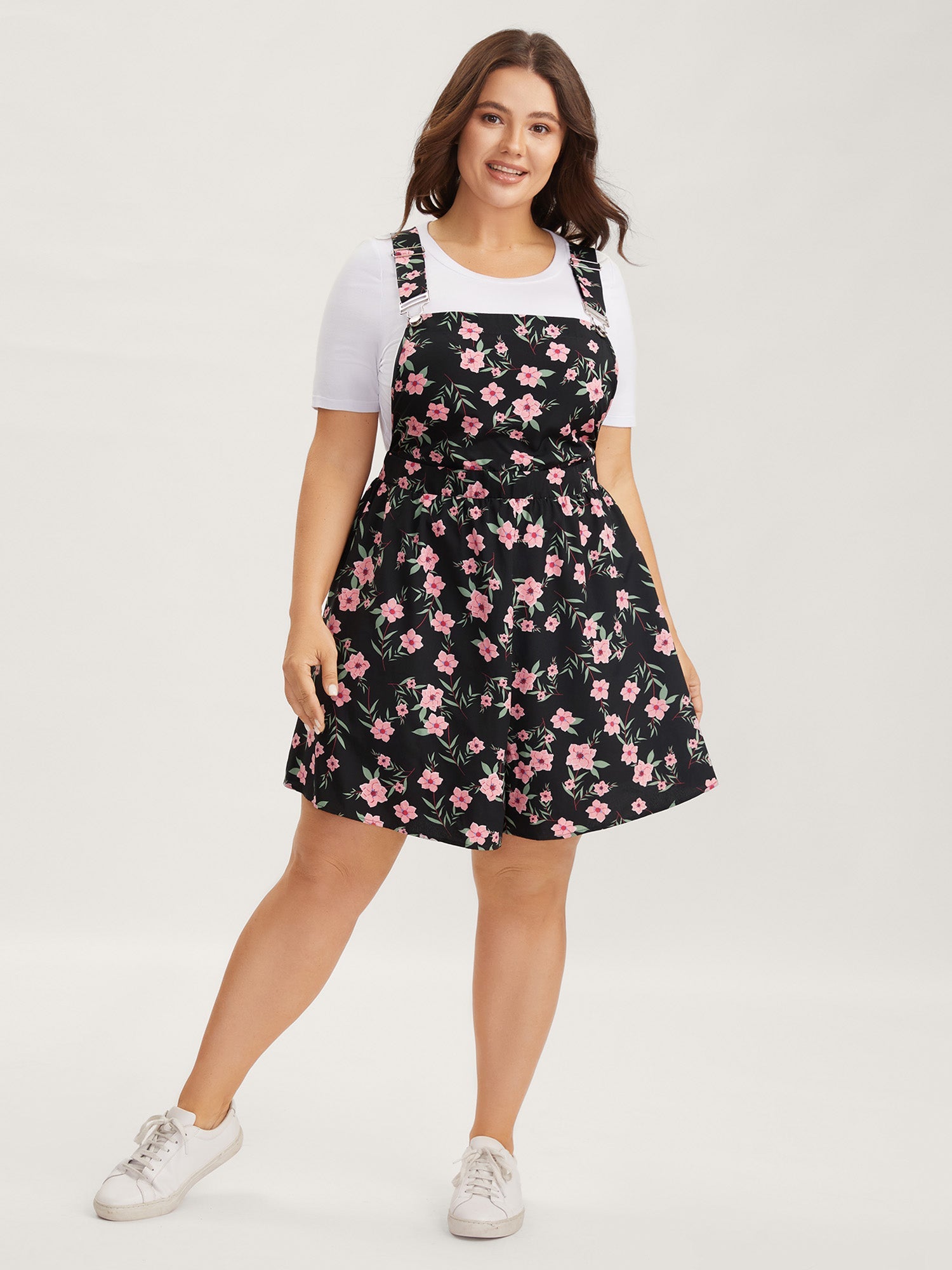 Floral Print Overall Straps Stretchy Romper