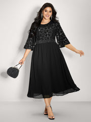 Sequin Floral Tulle Shirred Waist Maxi Dress