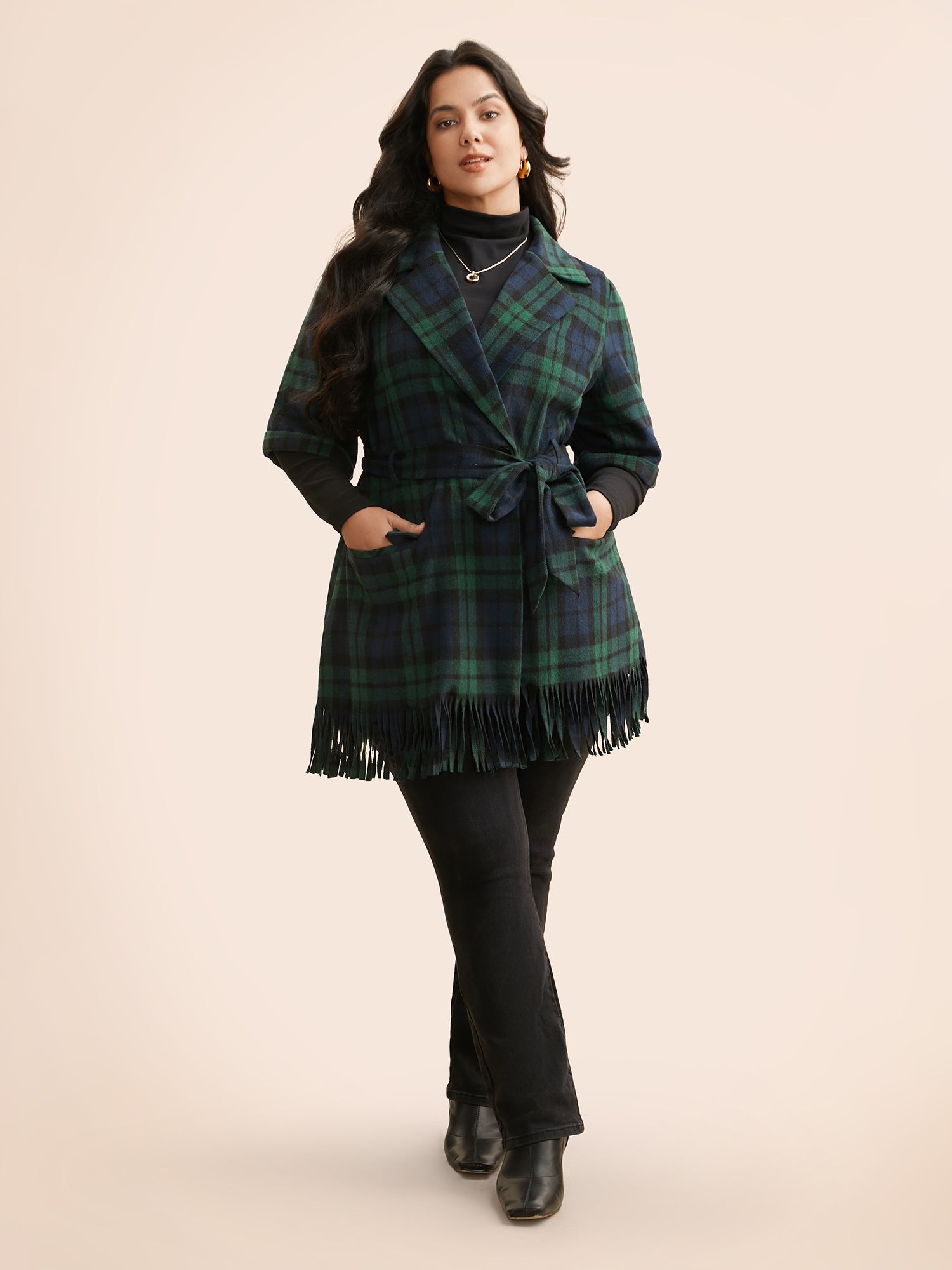 Plaid Tassel Trim Pocket Belted Jacket