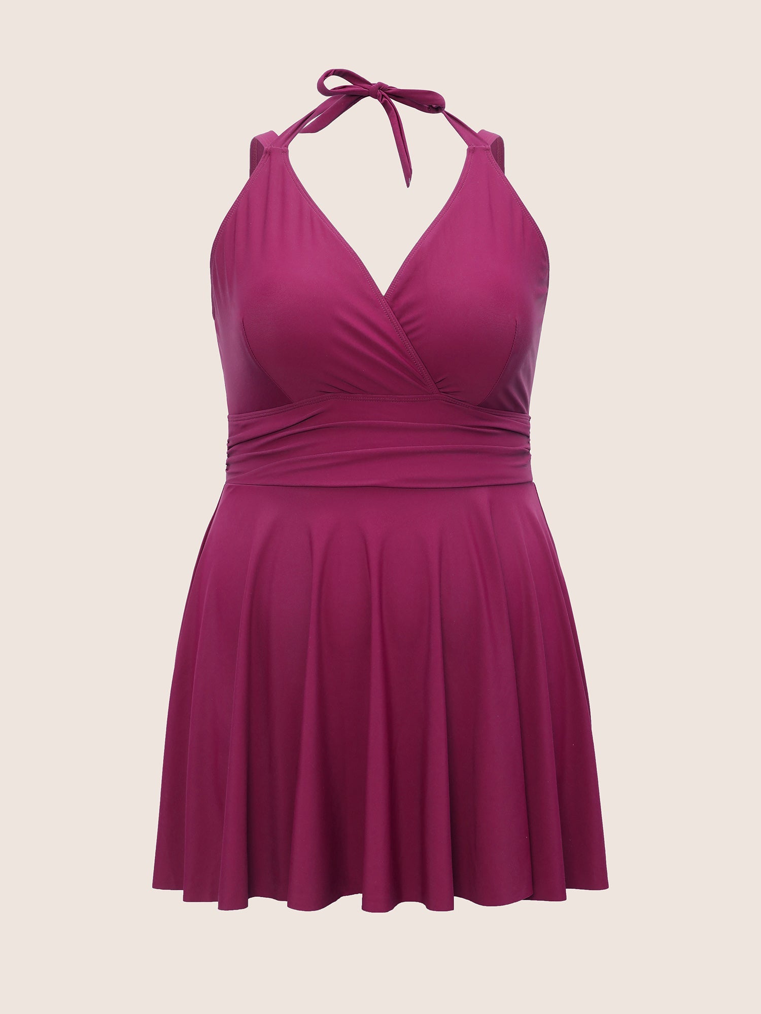 Solid Ruffle Hem Empire Waist Halter Neck Swim Dress