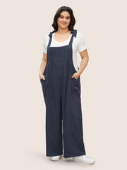 Solid Pleated Detail Pocket Knotted Shoulder Overall Jumpsuit