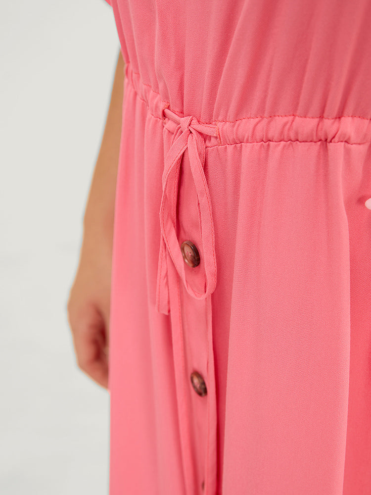 Solid Flutter Sleeve Button Detail Pocket Drawstring Dress