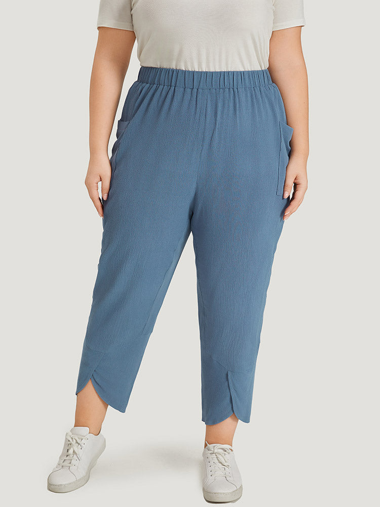 Solid Pocket Elastic Waist Wrap Hem Pants