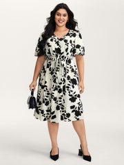 Silhouette Flower Puffy Sleeve Midi Dress